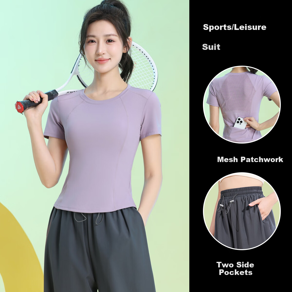 Baisirong Outdoor Running Sports Set for Women, Short-Sleeve Mesh Thin Quick-Dry Fitness Yoga Wear, Professional Tennis Training Outfit