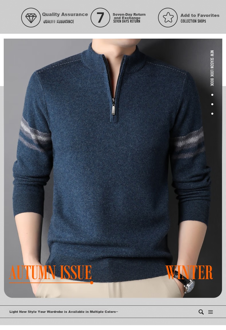 Hengyuanxiang Men's Thickened Winter Zip-Up Turtleneck Sweater, 100% Wool Knit Pullover, Middle-Aged And Young Men's Clothing 1