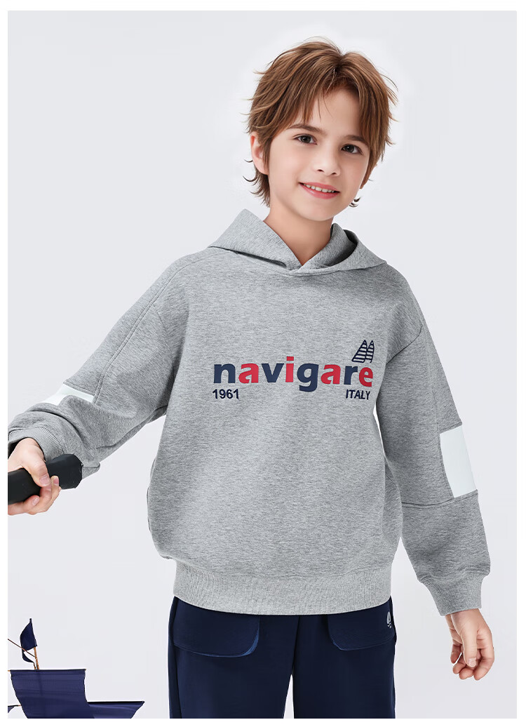 Navigare Boys' Hoodie Spring Children's Hooded Sweatshirt Student Casual Fashion Sailboat Letter Navy Blue 165 17