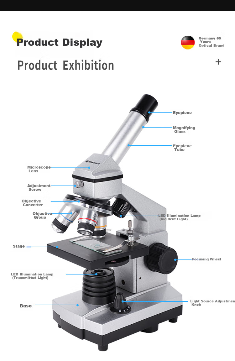 Bresser 88-55030 Microscope, Professional Student Biology Experiment, 1600x High-Definition, with Moving Scale, New Year Gift 25