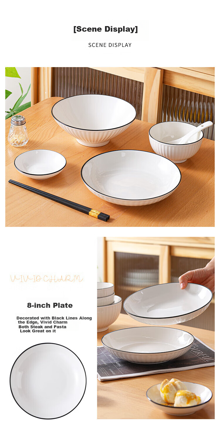 Chuanqi Tableware Set, Simple Pure White Underglaze Ceramic Bowls And Plates, 28 Pieces, Black Line Vertical Pattern, Suitable for 3-6 People 6