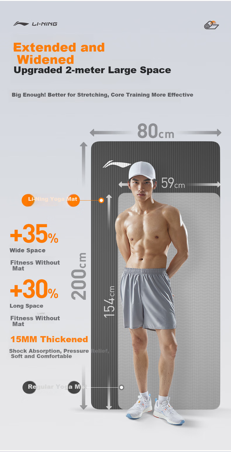 Li-Ning Yoga Mat for Men, Extra Thick And Long 2-Meter Large Exercise Fitness Wide Professional Sit-Up Non-Slip Soundproof Shock-Absorbing 5