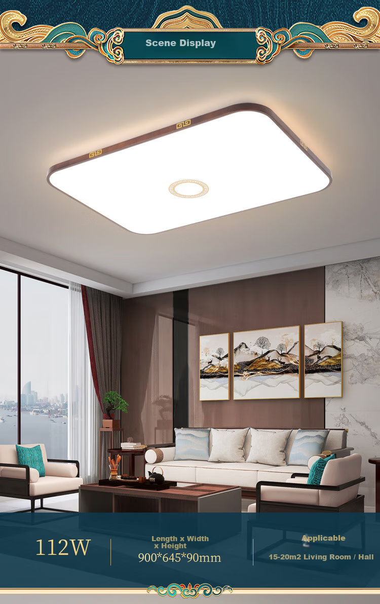 NVC LED New Chinese-Style Simple Living Room Bedroom Dining Room Solid Wood Lamp, Vintage Style Three-Color Dimming, Muji Square 36W 7