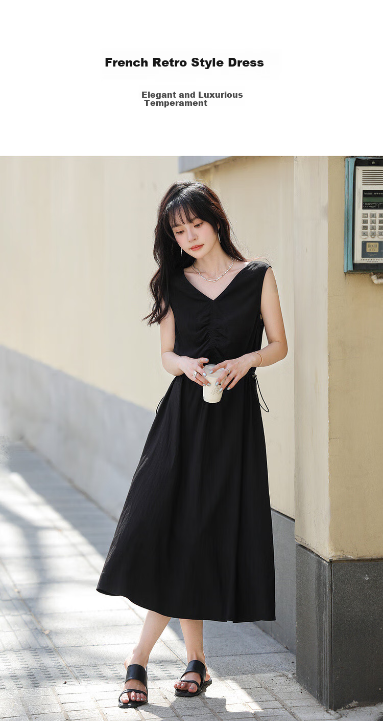 Mt [Muse Style] Summer Elegant V-Neck Tie-Waist Sleeveless Little Black Dress, Adjustable Waist Long Dress for Wome 2