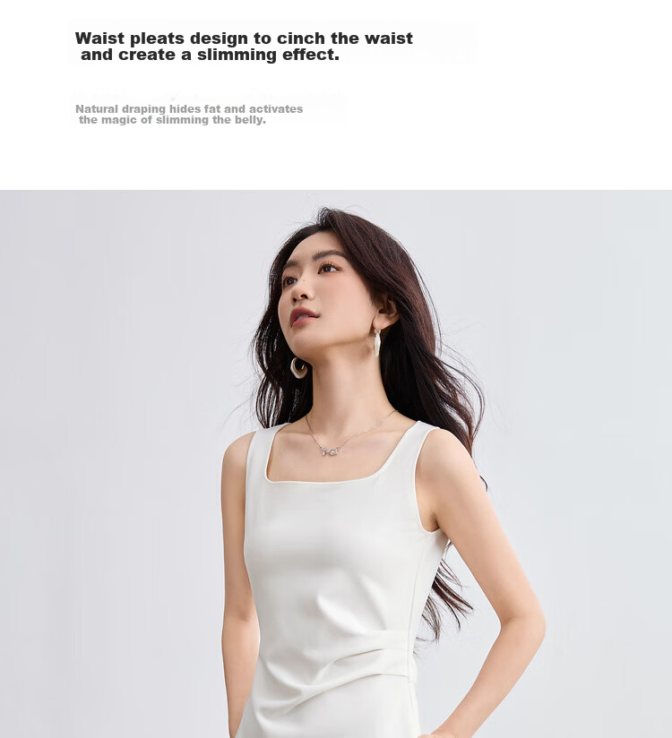 Sentubila Petite Black Square Neck Spaghetti Strap Dress for Women, Summer Elegant Slimming Dress, Concealing Body Shape, Elegant Mid-Length Dress 5