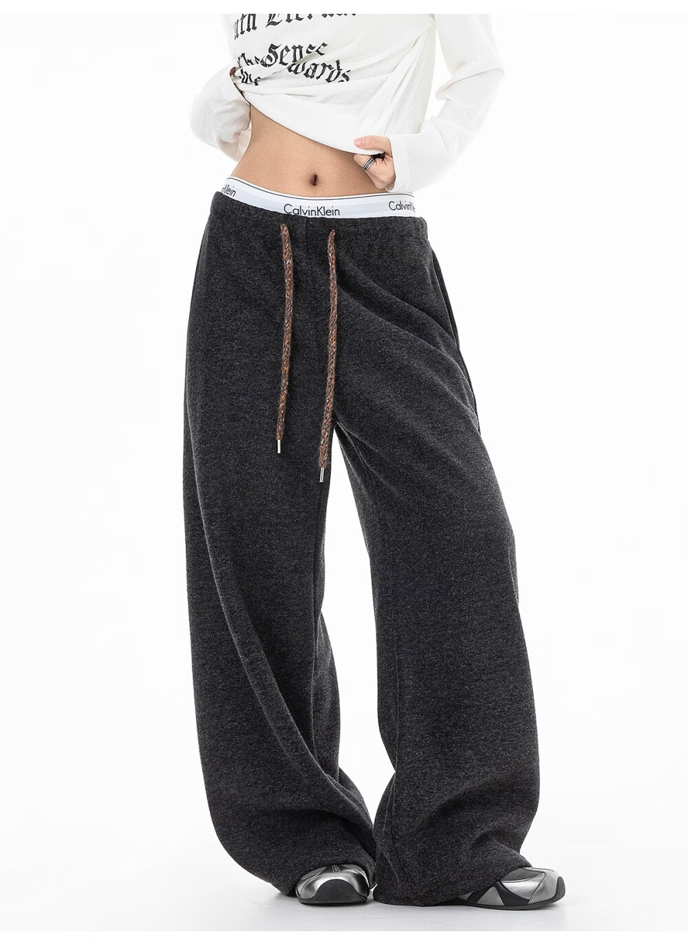 ICH MODE Women's American Style Fleece-Lined Casual Loose Fit Lazy Straight Wide-Leg Sports Pants Thickened Sweatpants Glutinous Rice Color XL 7