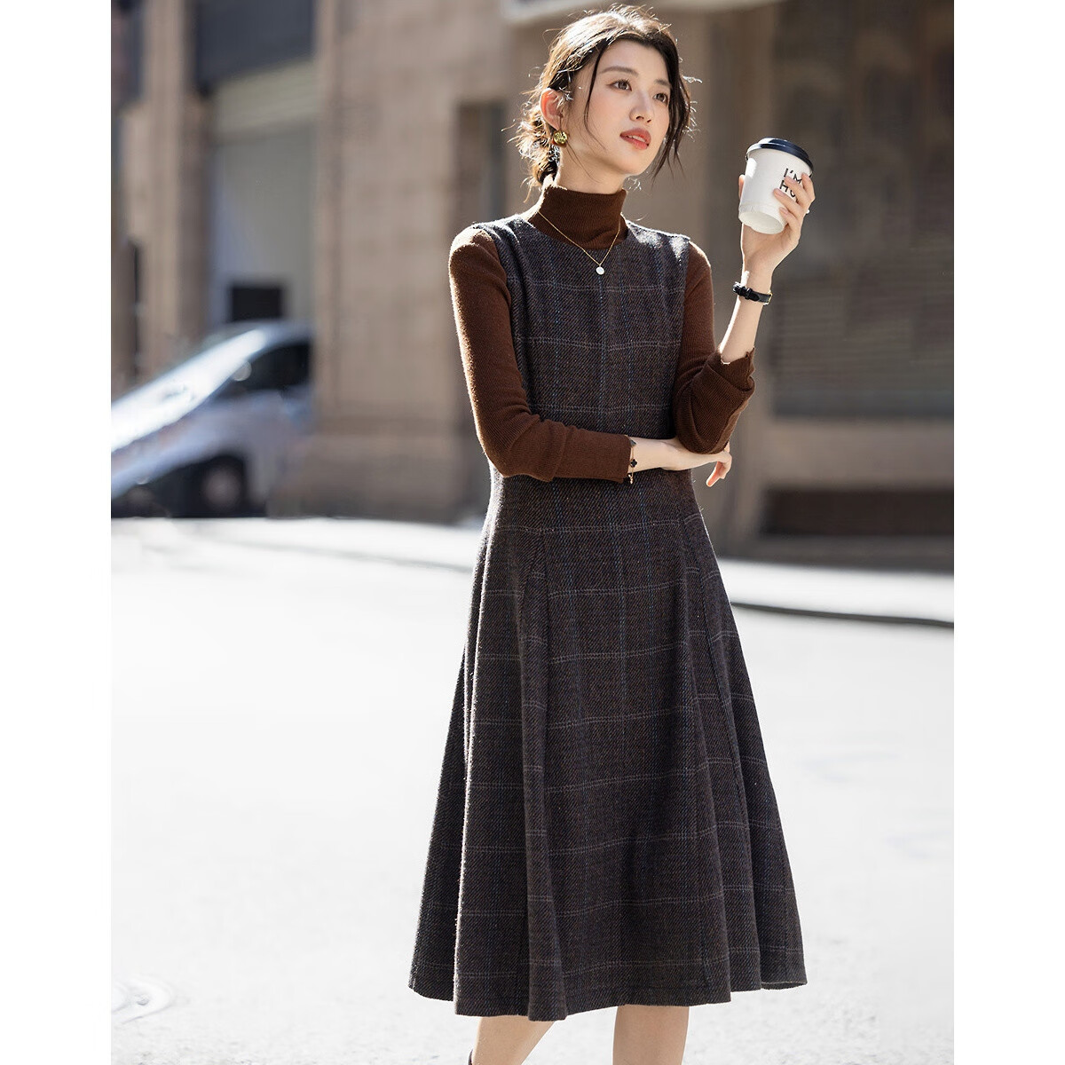 Demana Winter Vintage Elegant Round Neck Plaid Collar Sleeveless Wool Blend Waist-Defined Dress for Women