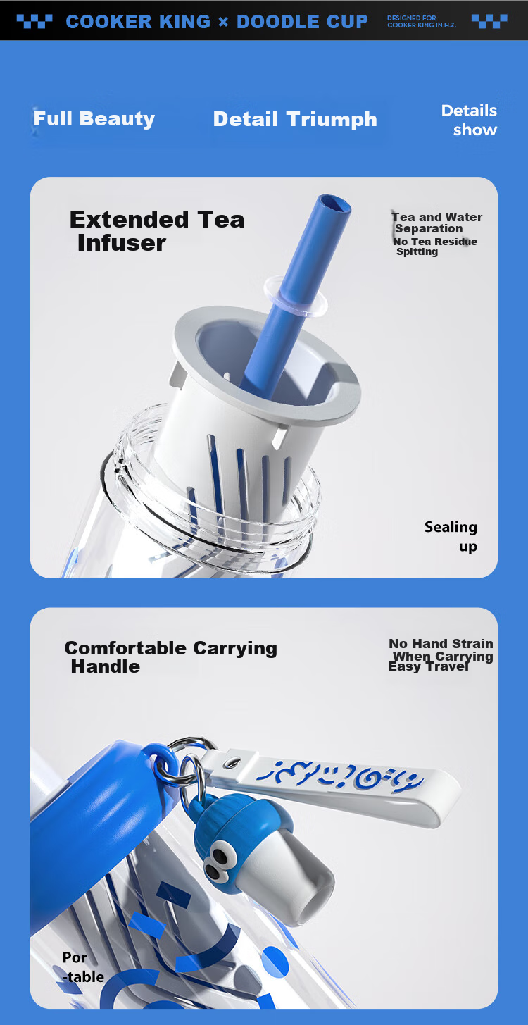 COOKER KING Tritan Plastic Cup with Straw, Shatterproof Tea Compartment, Detachable Portable Large Capacity Water Bottle, Blue-Purple, 650ml 10