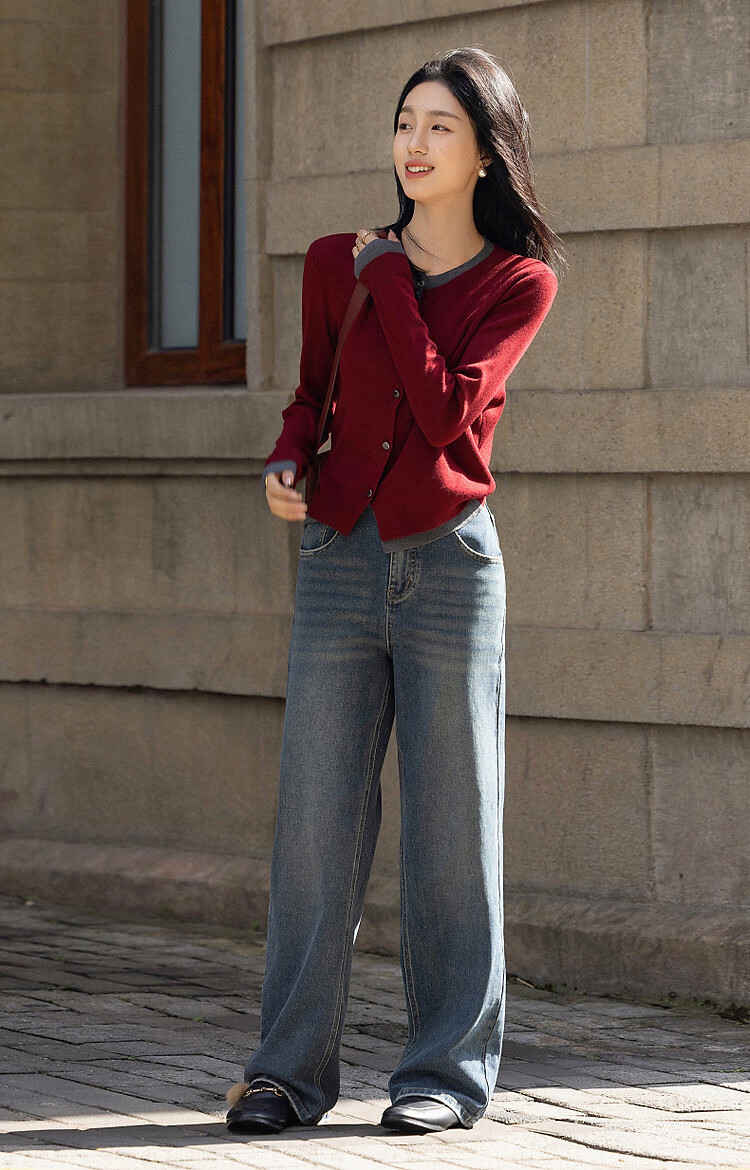 Dme [Quiet Luxury Inspired Wardrobe] Spring and Autumn Design Fake Two-Piece Color-Block Knit Sweater with Decorative Buckle for Women 37
