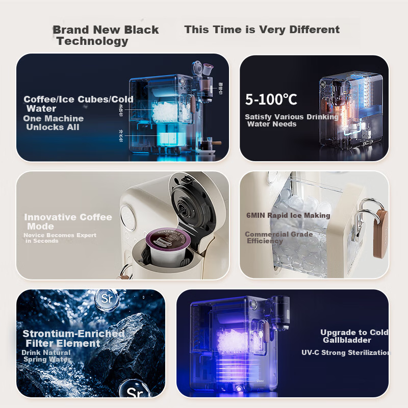 Zhuolang Ice Maker And Water Dispenser Combo, Coffee Machine with Ice Making Function, Countertop Instant Hot Water Dispenser for Home Use, Milk Frother, Direct Drinking Ice Maker, Cold And Hot All-In Ice Cube Machine, Americano Coffee Machine IH6