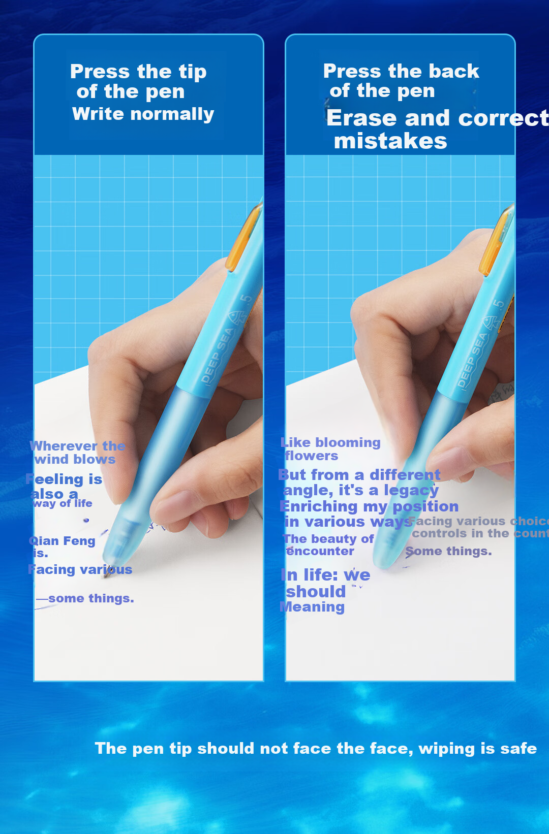 Dianshi Pen, Deep Sea Submarine Thermal Erasable 0.5 Retractable Gel Pen, Quick-Drying Silent Large Capacity for Third Grade Students Back-To Season [Crystal Blue] 3214E 6