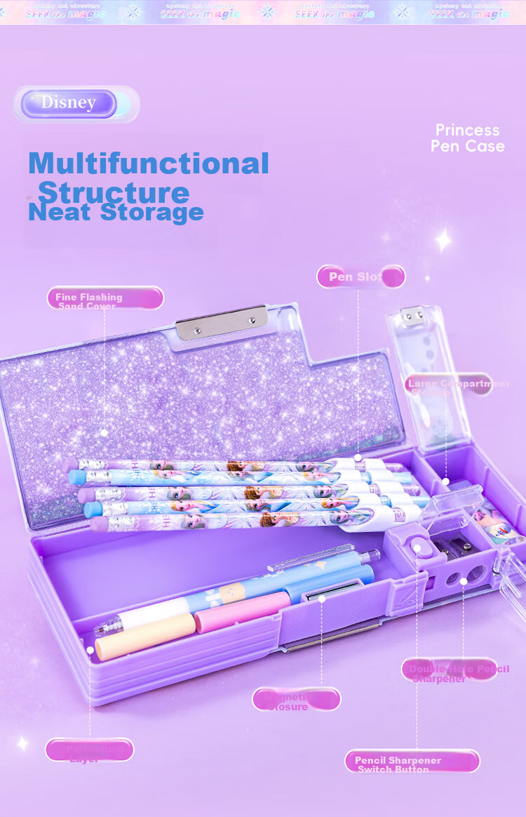 Disney Sand Art Pencil Case for Girls, Children And Elementary School Students, Multifunctional Plastic Pencil Box with Double Layers, School Supplies, Elsa Princess Graduation Gift 6