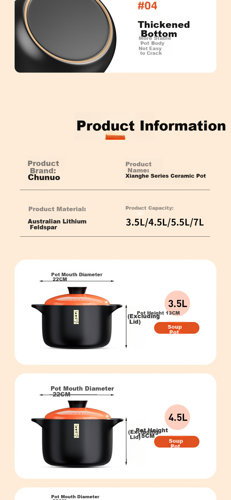 Chunuo Ceramic Casserole Pot for Soup, Medicinal Decoction, Porridge Cooking, Stewing, Home Use, Gas Stove Compatible, 7L Capacity 8