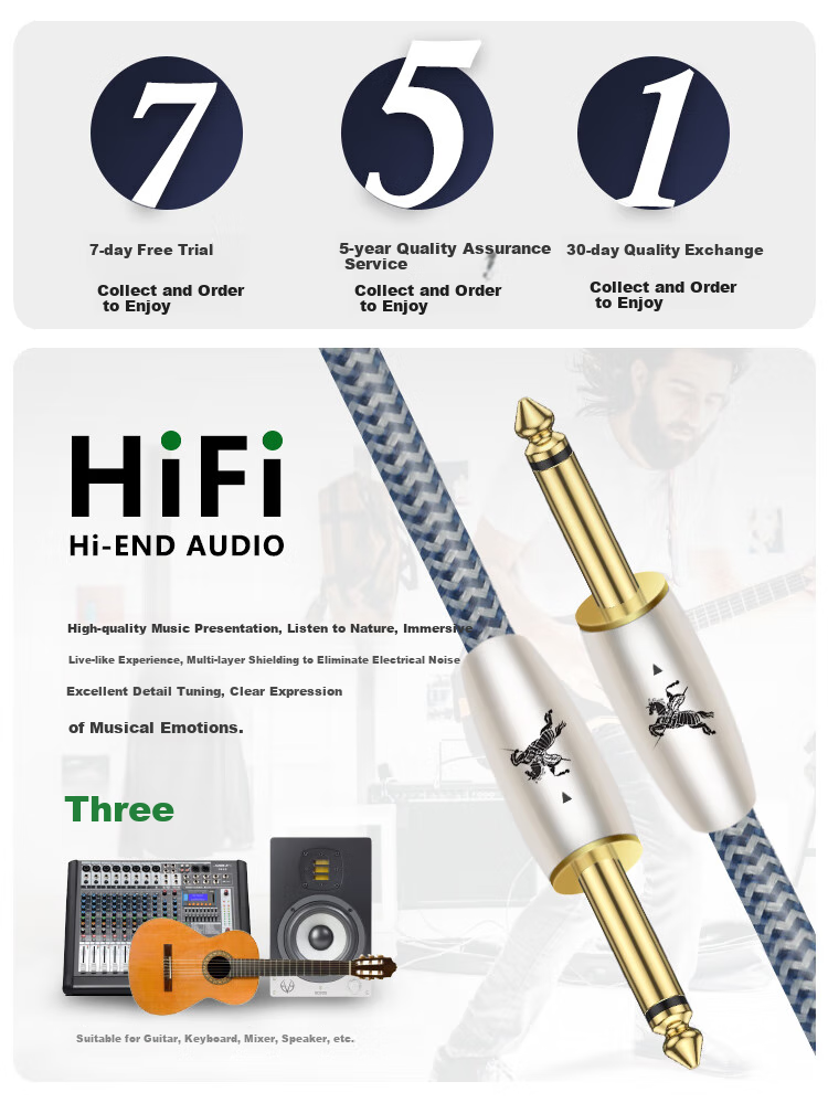 IMPETO Single Crystal Copper 6.5mm Male-To Audio Cable, 6.35 Large Two-Core Guitar Amplifier Cable, Sound Card Mixer Monitor Speaker Bass Connection Cable, IMP-2221 Meter 3