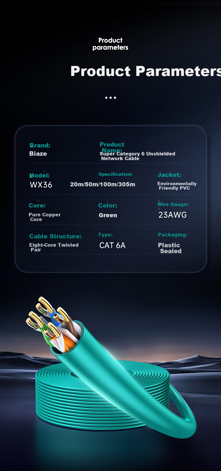 BIAZE CAT6A Unshielded Network Cable [0.59±0.008mm Pure Copper Core] 10 Gigabit High-Speed POE Power Supply for Surveillance Engineering And Home Wiring Box 100 Meters WX36 6
