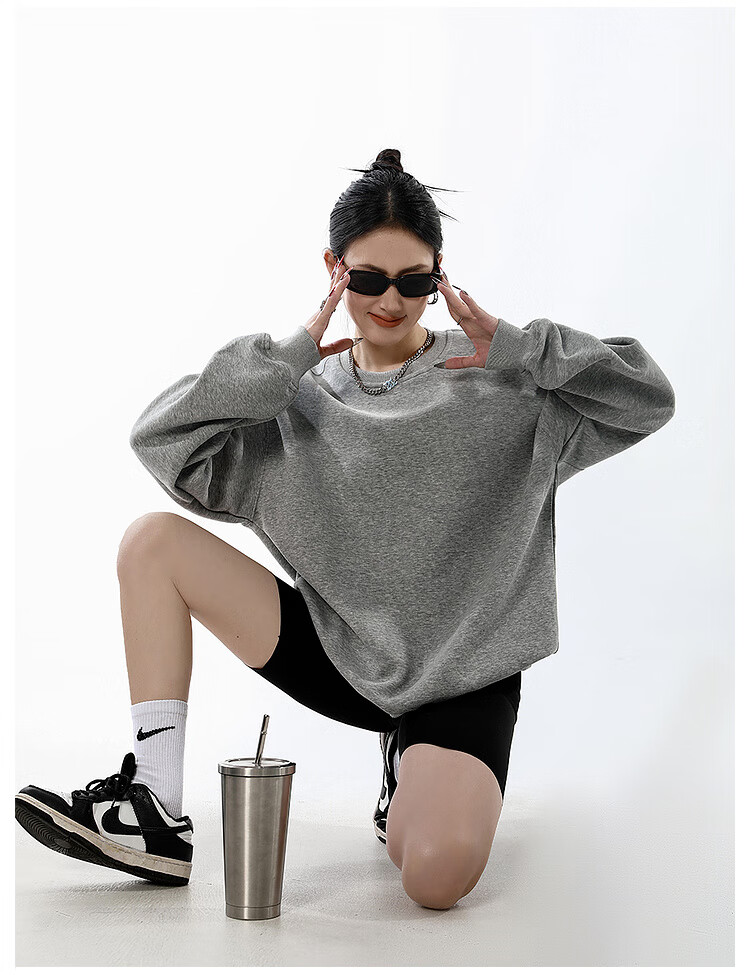 ICH MODE Women's American Style Crew Neck Solid Color Sweatshirt Spring Autumn New Loose Lazy Pullover Long Sleeve Top Black M 10