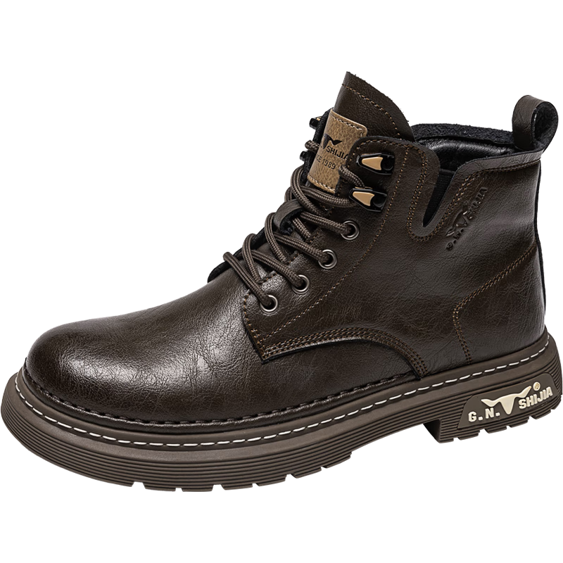 Bull Family Men's Autumn Winter New Retro British Martin Boots Fashion Versatile Work Boots Mid-High Lace-Up Leather Boots
