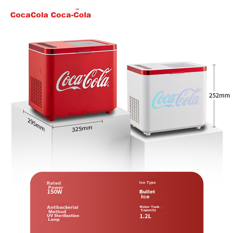 Coca-Cola Ice Maker, Home Use, Small Automatic UV Sterilization, One-Button Cleaning, Mini Bullet Ice, Rapid Ice Making, Compact Red