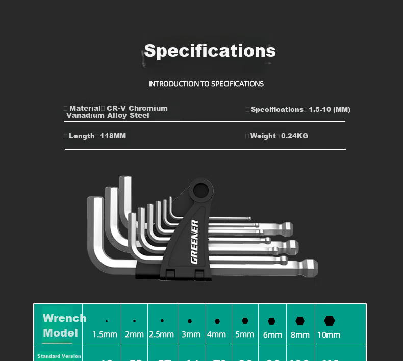 GREENER [GREENER Master] Series Hexagonal Wrench Set, Household Six-Sided Flat Ball Head SCNIM + High-Hardness Material 7
