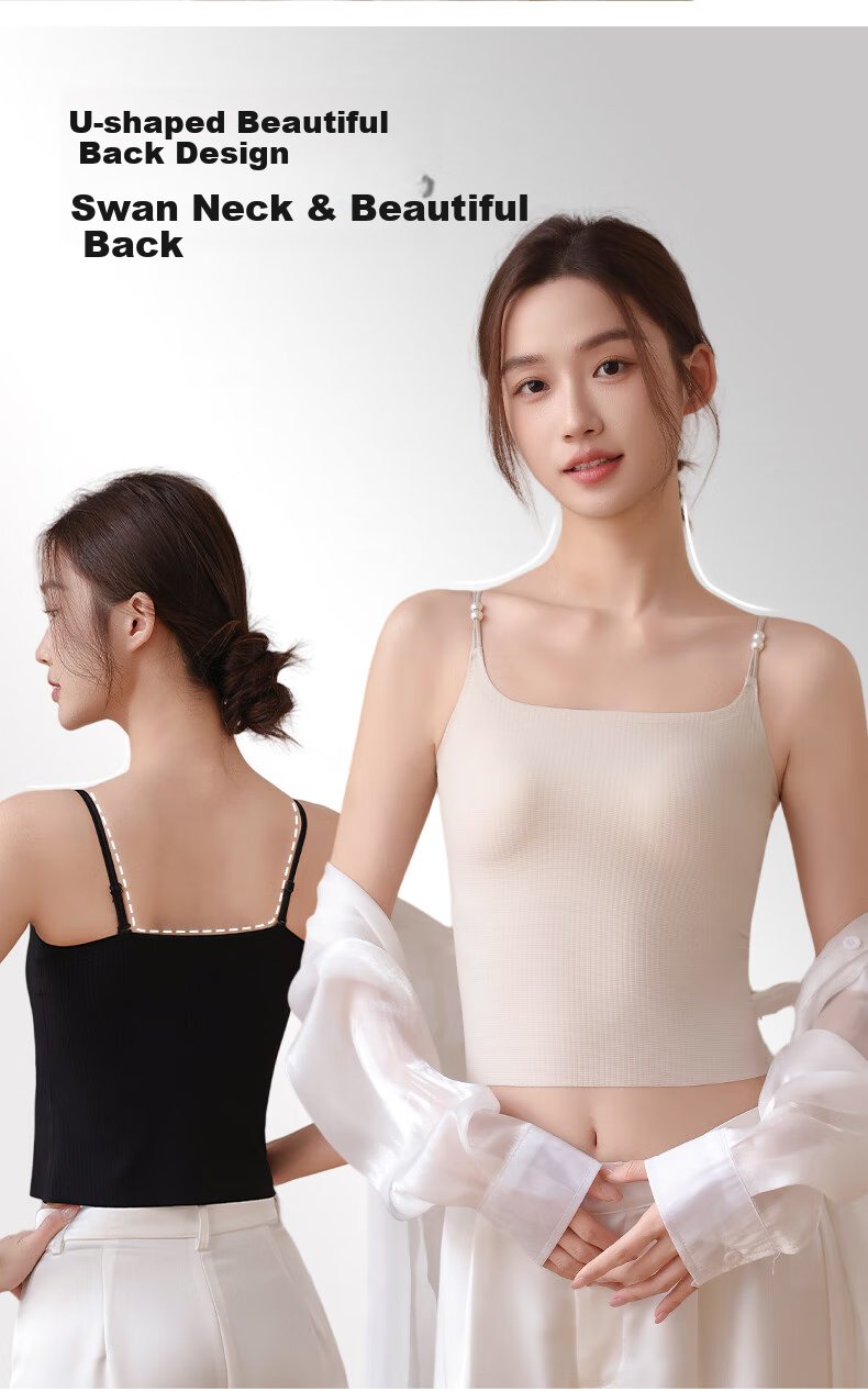 Caobenchuse Women's Camisole Bra, Invisible Seamless with Built-In Pads, Lightweight Pearl Thin Strap Undershirt for All Seasons 9