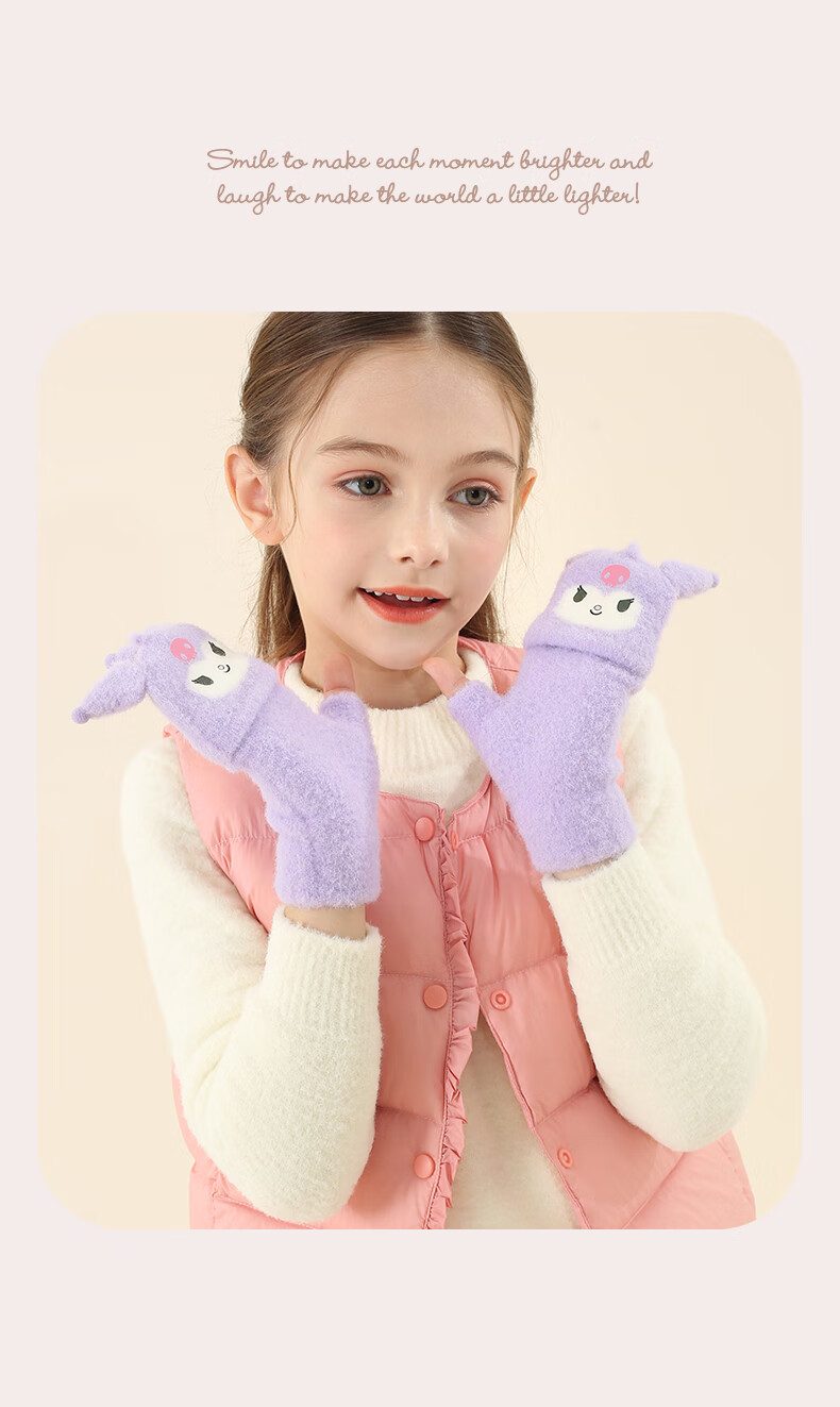 Hello Kitty Kids Winter Warm Knitted Half-Finger Gloves Cute Girls Big Child Writing 3121D Kuromi Purple 2