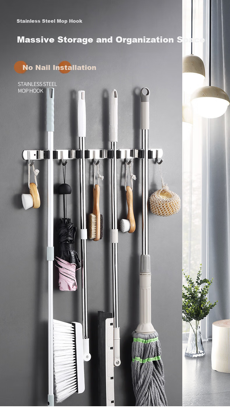 Yagao Stainless Steel Mop Hook [4 Clips 5 Hooks], Bathroom No-Drill Mop Rack with Hooks, Wall-Mounted Mop Clip Row Hooks 1