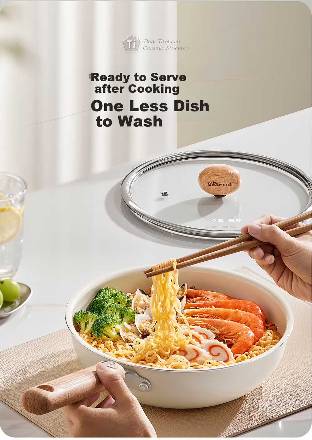 Bear Titanium-Containing Ceramic Wok with Steamer, Non-Stick Coating, Non-Fluorinated, Suitable for Induction And Gas Stoves, 24cm 11