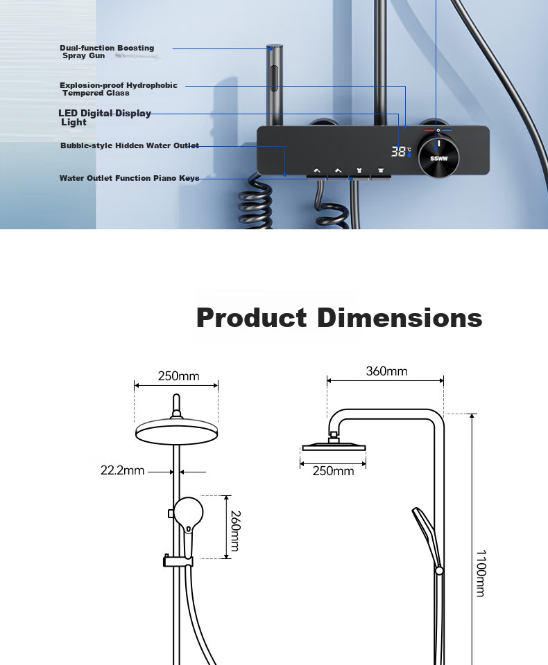 SSWW Bathroom Shower Head, Piano Shower Head Complete Set, Integrated Shower System, Fine Copper Bathroom Shower Sprayer TS9 22