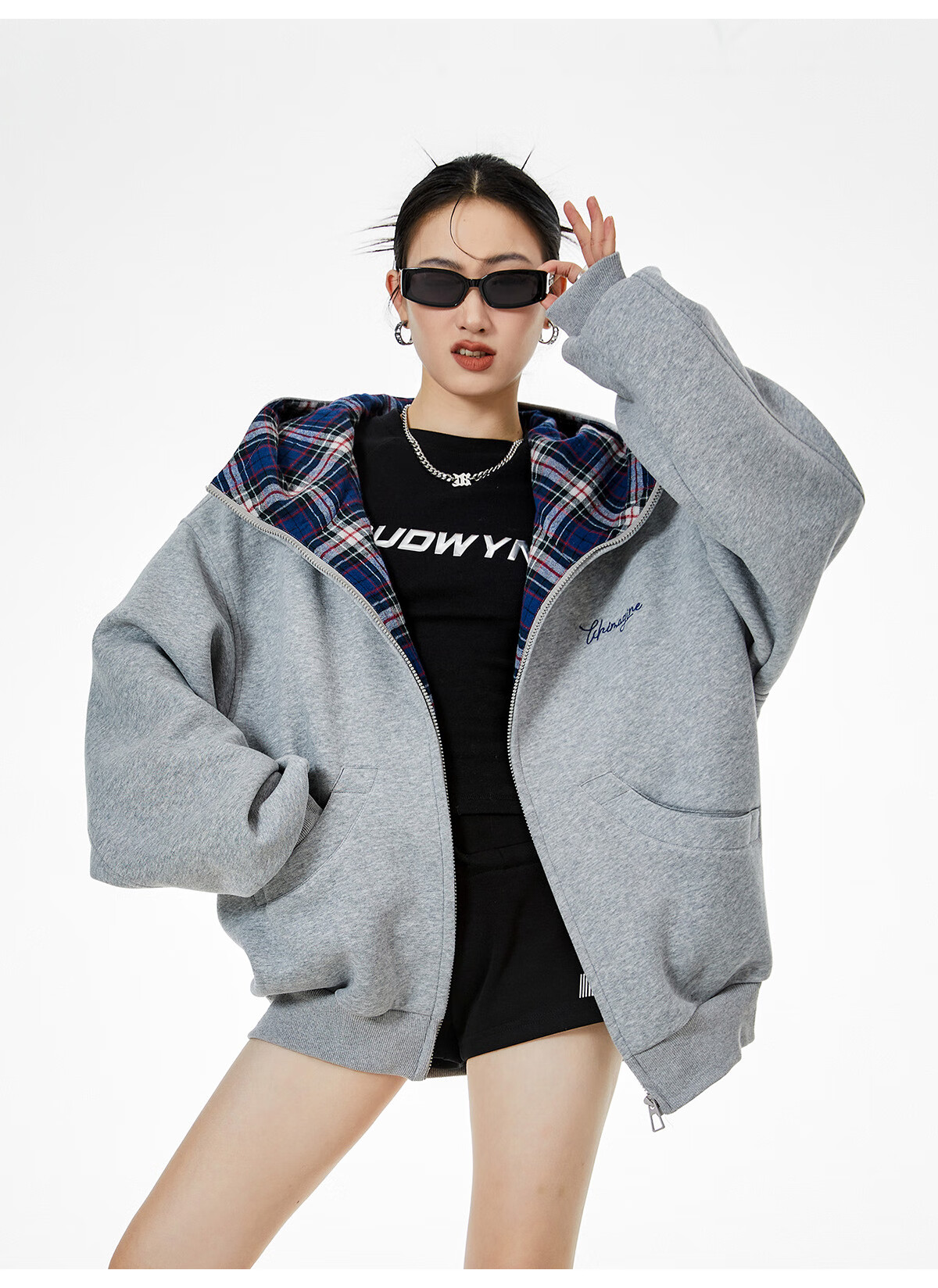 ICH MODE Celebrity Style American Plaid Patchwork Cardigan Sweatshirt Autumn Jacket Sports Cardigan Top Women Heather Gray XL 24