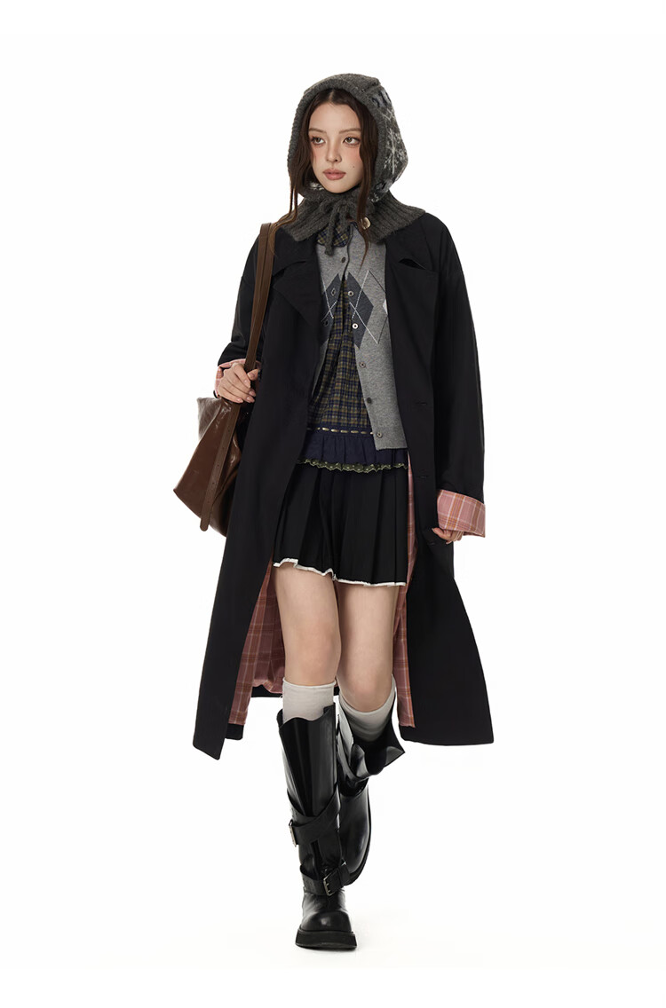 GROUND ZERO Unisex Autumn Mid-Length Trench Coat with Plaid Color-Block Lining Black 2XL 6