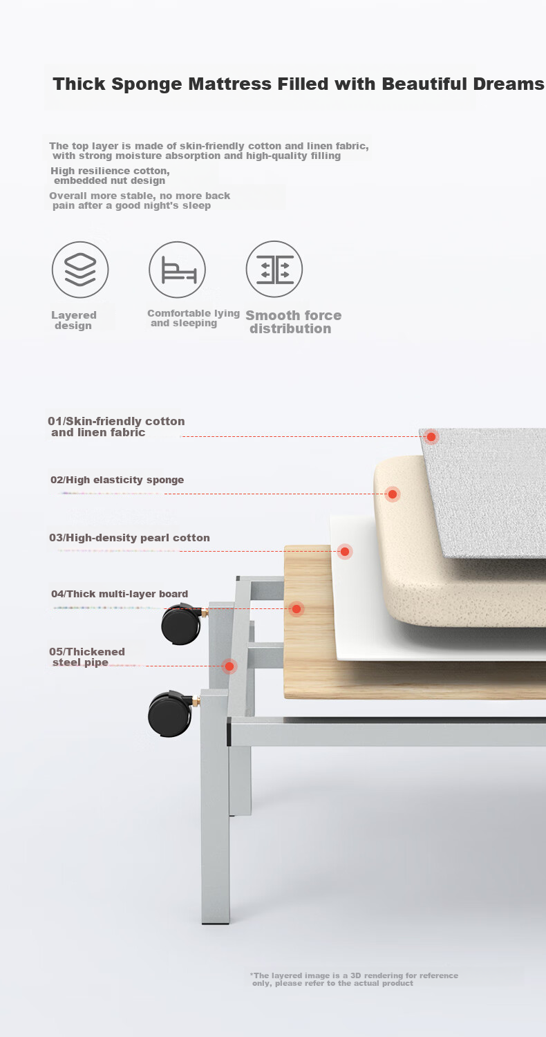 Restar Folding Bed, Single Nap Bed for Office, Portable Wooden Accompanying Bed, Foam Bed with Built-In Pillow, 70cm 1