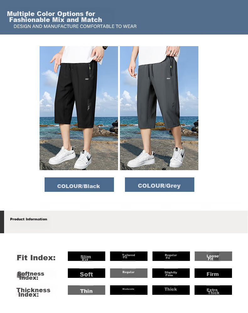 JEEP SPIRIT Ice Silk Capri Pants for Men, Sports Shorts, Summer Lightweight Quick-Dry Breathable Casual Trousers, Black M 14