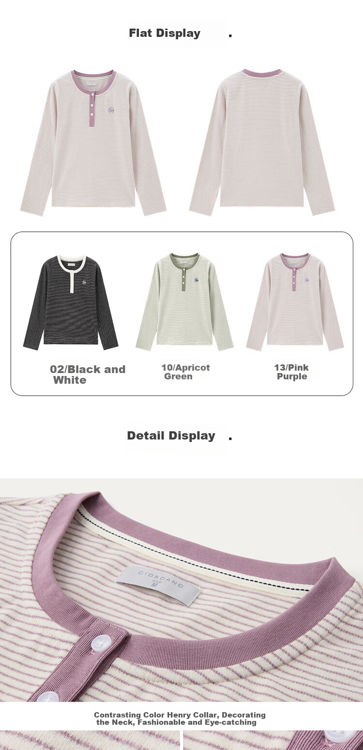 Giordano Women's Striped Embroidered Pullover T-Shirt, Contrasting Color Henley Collar Long Sleeve Tee for Women 13324704 15