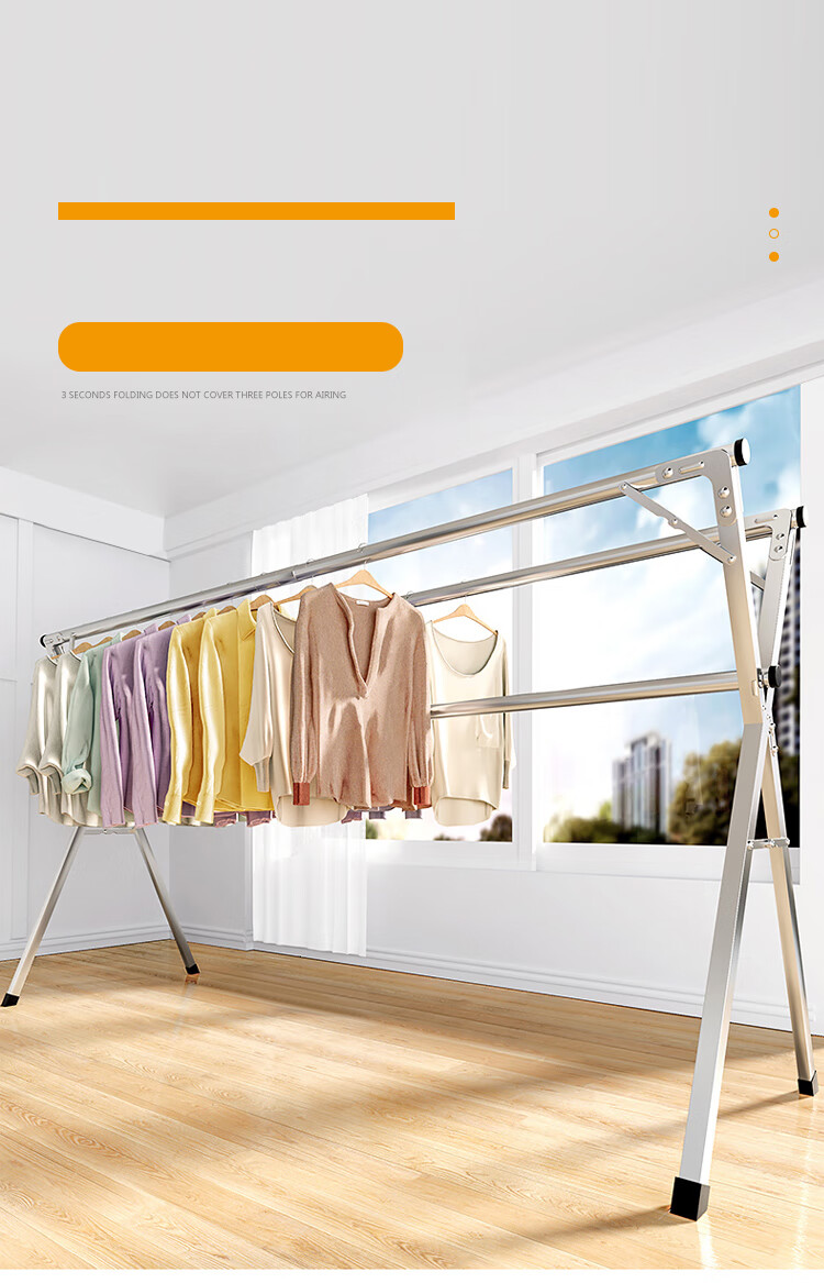Huakaizhixing Foldable Clothes Drying Rack, Stainless Steel Retractable Clothes Hanger for Balcony, YJ67 Three-Rod with Wheels, 2.0 Meters 2