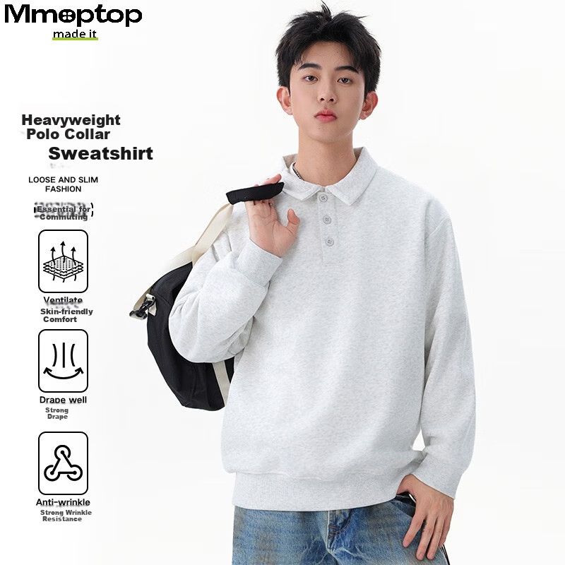 MMOPTOP Japanese-Style Heavyweight Huacotton Polo Collar Sweatshirt, Spring And Autumn Men's Loose Inner Layer Long Sleeve, MWY21 White Floral Gray, XL