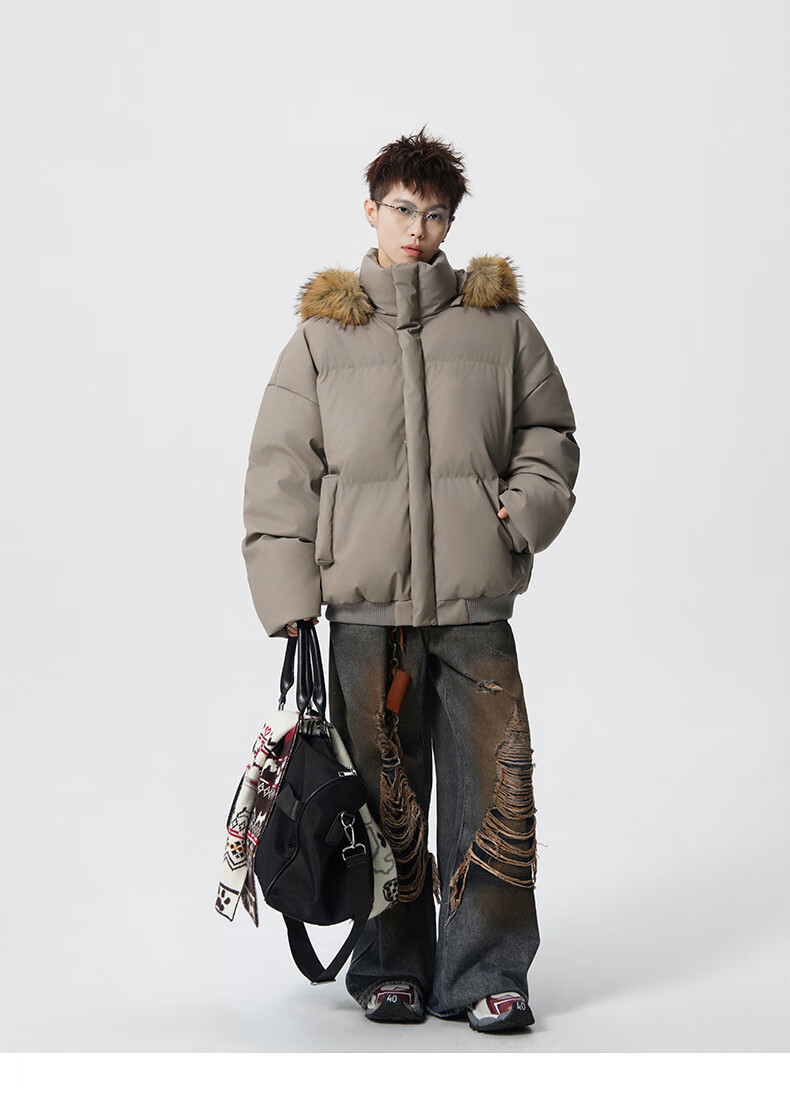 Colombass Trendy PU Leather Down Jacket Men Hooded Winter New Short Thickened Couple Loose Fur Collar Coat 12