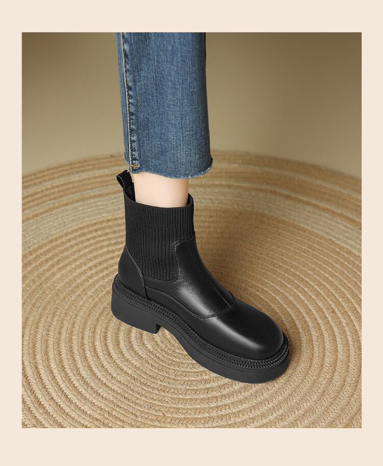 ZHR Elastic Socks Boots Women Autumn Winter Fleece Thick Sole Height Increasing Slimming Soft Sole British Short Boots EH255A Black 36 3