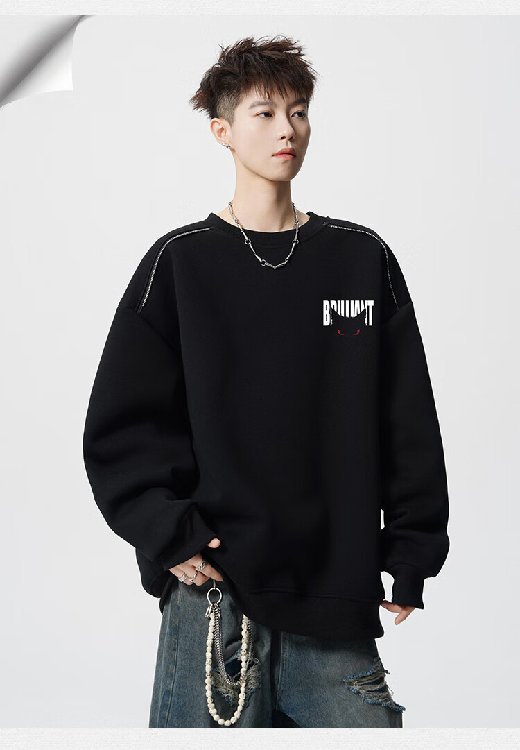 Homlean Heavyweight American Style Crewneck Sweatshirt Men Autumn Winter Letter Print Long Sleeve T-Shirt HB66 Black 3XL 2