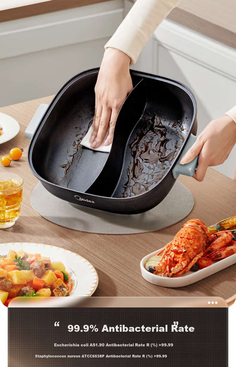 Midea Electric Hot Pot, Dual-Sided Pot for Home Use, 4-6 People, 6L Capacity, Titanium And Ceramic, Zero Fluorine, Antibacterial, Dormitory Style, Detachable Design, 9CM Deep, Multifunctional, Bionic Non-Stick Pot, New Electric Cooker, Self-Operated 21