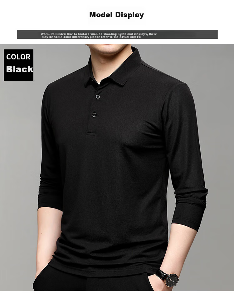 ROMON Men's Long-Sleeve T-Shirt, Polo Collar, Solid Color Top, Undershirt, Business Casual Inner Wear, Black 4XL 4