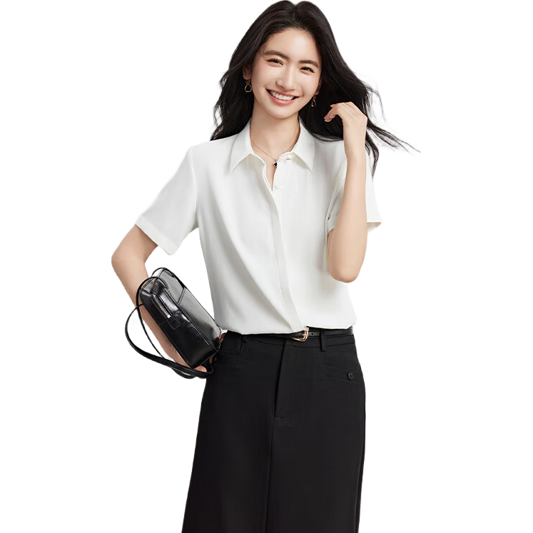 Bodexiaojie White Chiffon Short-Sleeve Blouse for Petite Women, Professional Work Top, Interview Formal Wear Shirt, XS