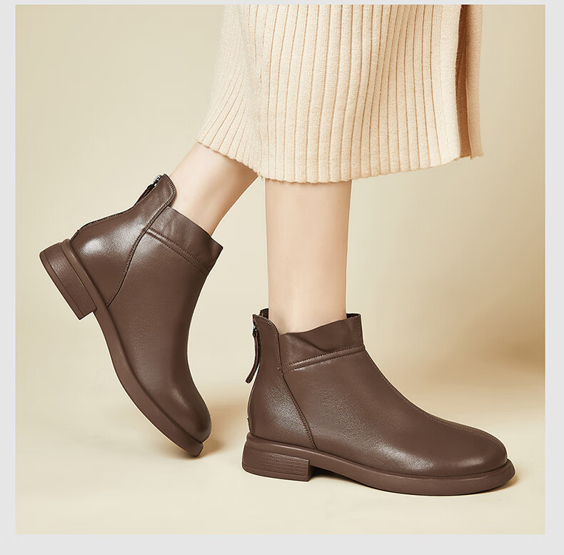Fugui Bird Genuine Sheepskin Leather Ankle Boots Women Autumn Winter Fleece Lined Warm Fashion Boots Round Toe Chunky Heel Black Fleece Lined Size 37 6