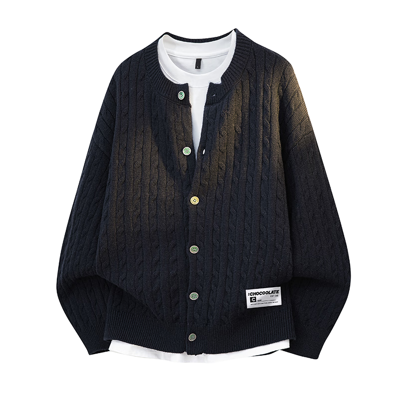 :CHOCOOLATE IT Twisted Pattern Cardigan Knit Sweater Men Autumn Winter New Trendy Cold-Resistant Casual Jacket Dark Navy 3XL