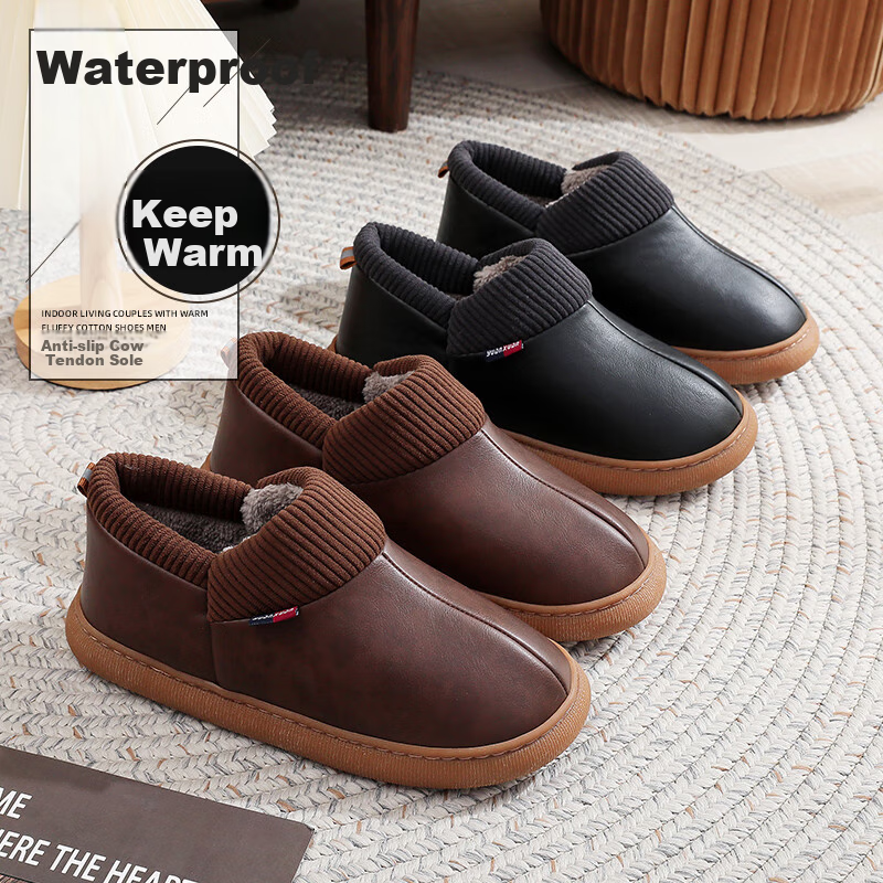 GUOLUOFEI Elderly Non-Slip Cotton Shoes with Heel, Fleece-Lined Warm Waterproof Slippers for Middle-Aged And Elderly Parents, Red, Size 36-37