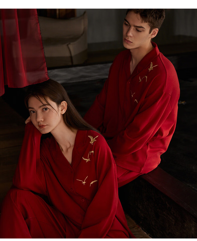 Caramella Men's Red Homewear Autumn Winter Soft Cotton Pajama Set Couples Festive Wedding Sleepwear 4