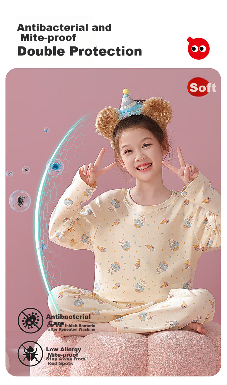 Hodo Children's Pure Cotton Pajama Set, Spring And Summer, for Older Girls, Cute Round Neck Printed Loungewear Set 4