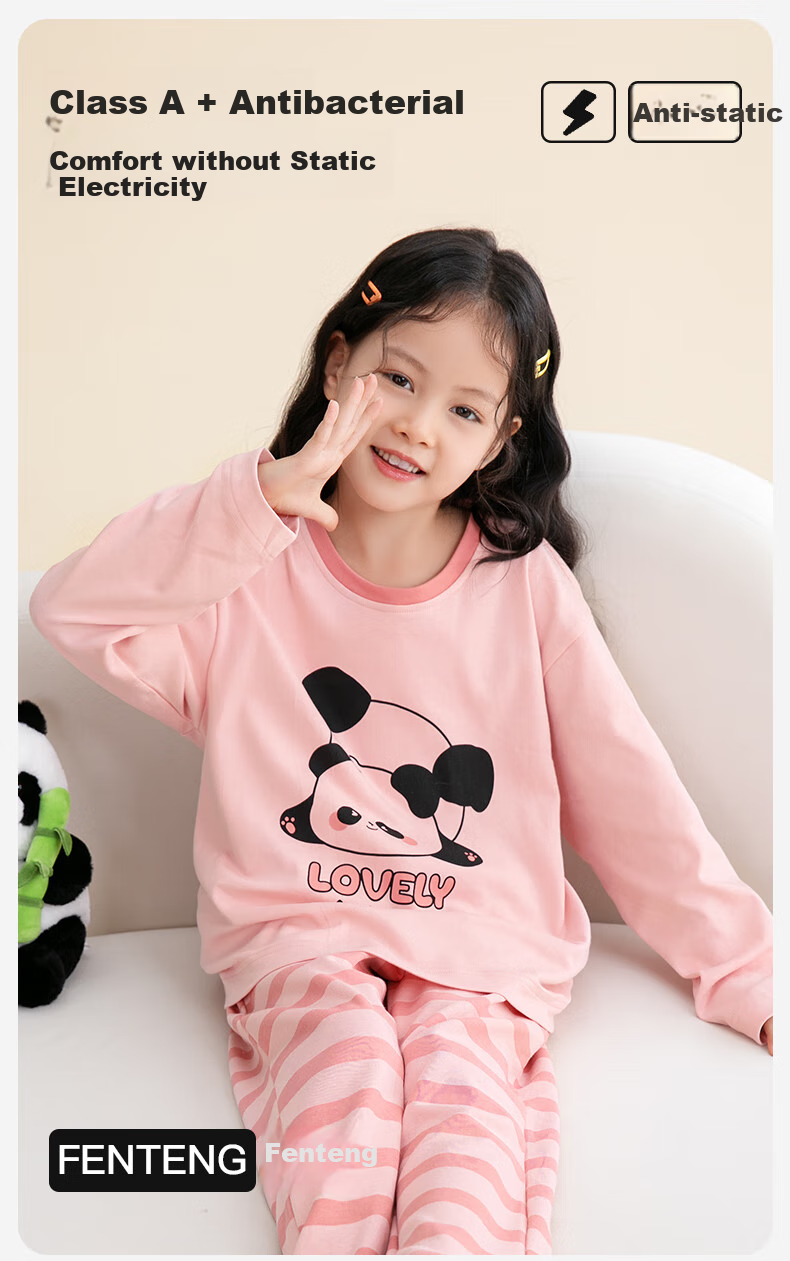 Fenteng Girls' Pajamas, Ultra-Soft Class A Cotton, Anti-Static, Antibacterial, Panda Pattern Children's Sleepwear, Home Wear Set 2