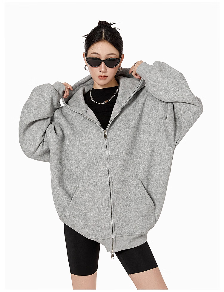ICH MODE Fleece-Lined American Style Hoodie Jacket Women Autumn Winter Loose Fit Double Zipper Cardigan Lazy Long Sleeve Coat Black L 8