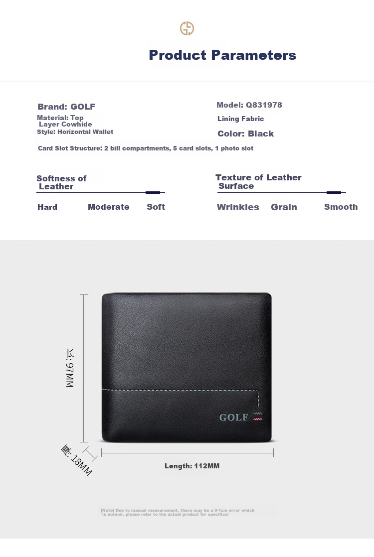 GOLF Men's Wallet, Top-Grain Leather, Horizontal Short Style, Multi-Card Slots, Card Holder, Leather Billfold, Coin Purse, ID Holder, Gift Box Packaging 6