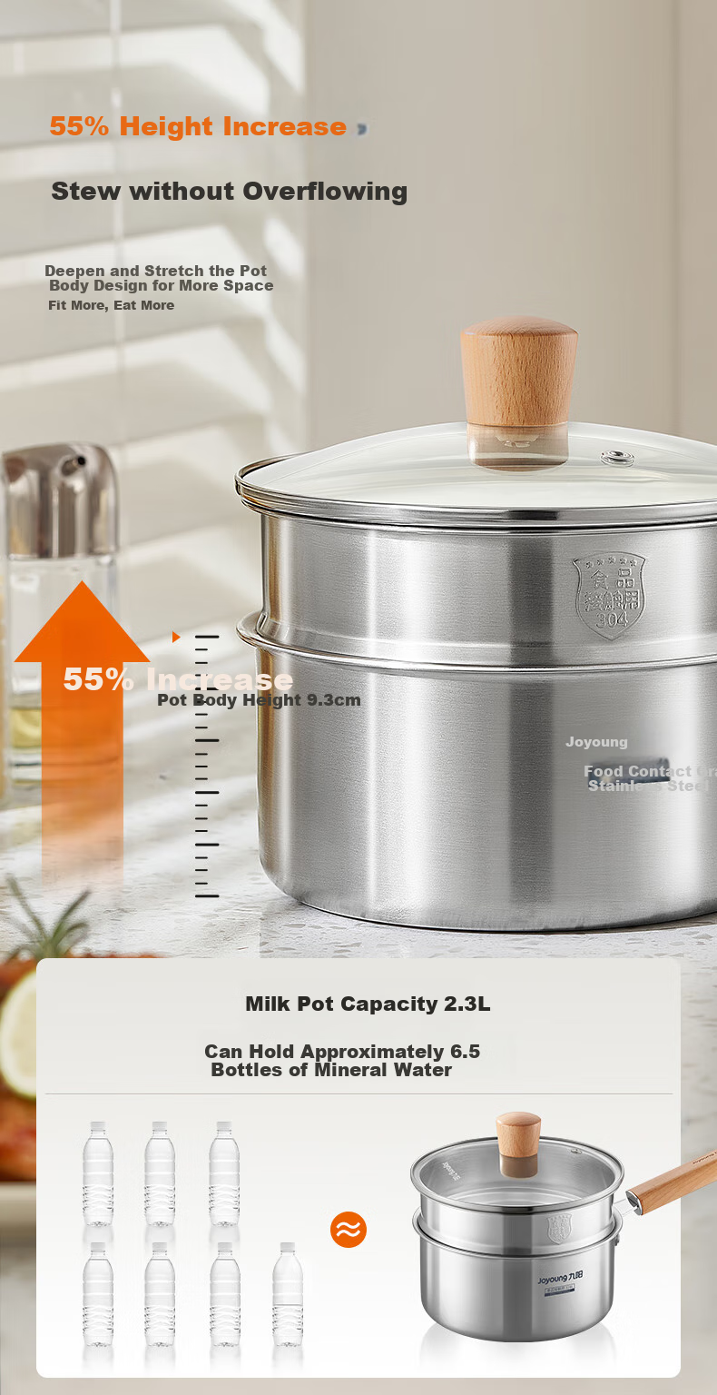 Joyoung Milk Pot, Thickened 316L Stainless Steel, No Coating, Baby Food Pot, Snow Plate Pot, Small Milk Pot, Soup Pot, 16cm, Free Steamer Insert Included 10